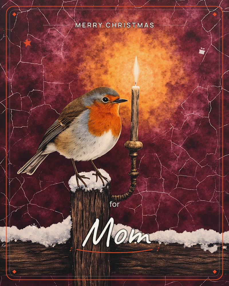 A robin with an orange breast perches on a snow-capped wooden post, next to a small brass candlestick holding a single lit candle, a christmas e-card design