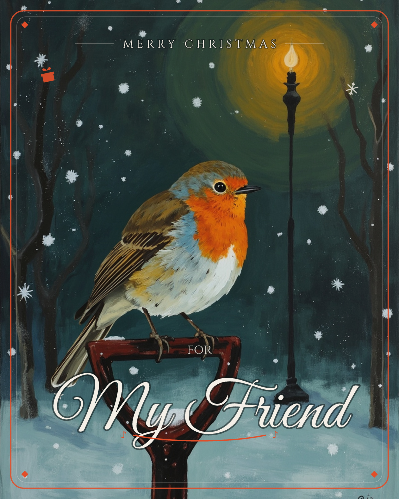 A robin with a bright orange breast perches on the snow-dusted handle of a wooden spade, set against a deep teal night, a christmas e-card design
