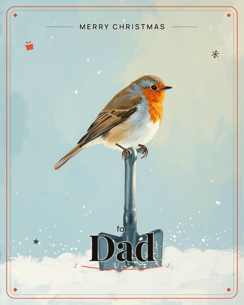 A robin with a bright orange breast perches on the handle of a garden spade, its shaft standing upright in a drift of fresh snow, a christmas e-card design
