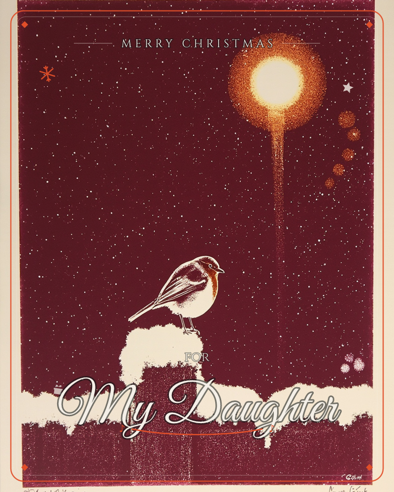A robin perches on a snow-capped post against a deep maroon night sky scattered with stars, a glowing golden sun or lamp bleeding light and sparks…, a christmas e-card design