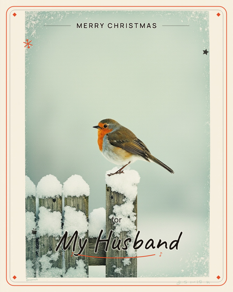 A robin with a bright orange breast perches on a snow-capped wooden fence post, its feathers fluffed against the cold, a christmas e-card design
