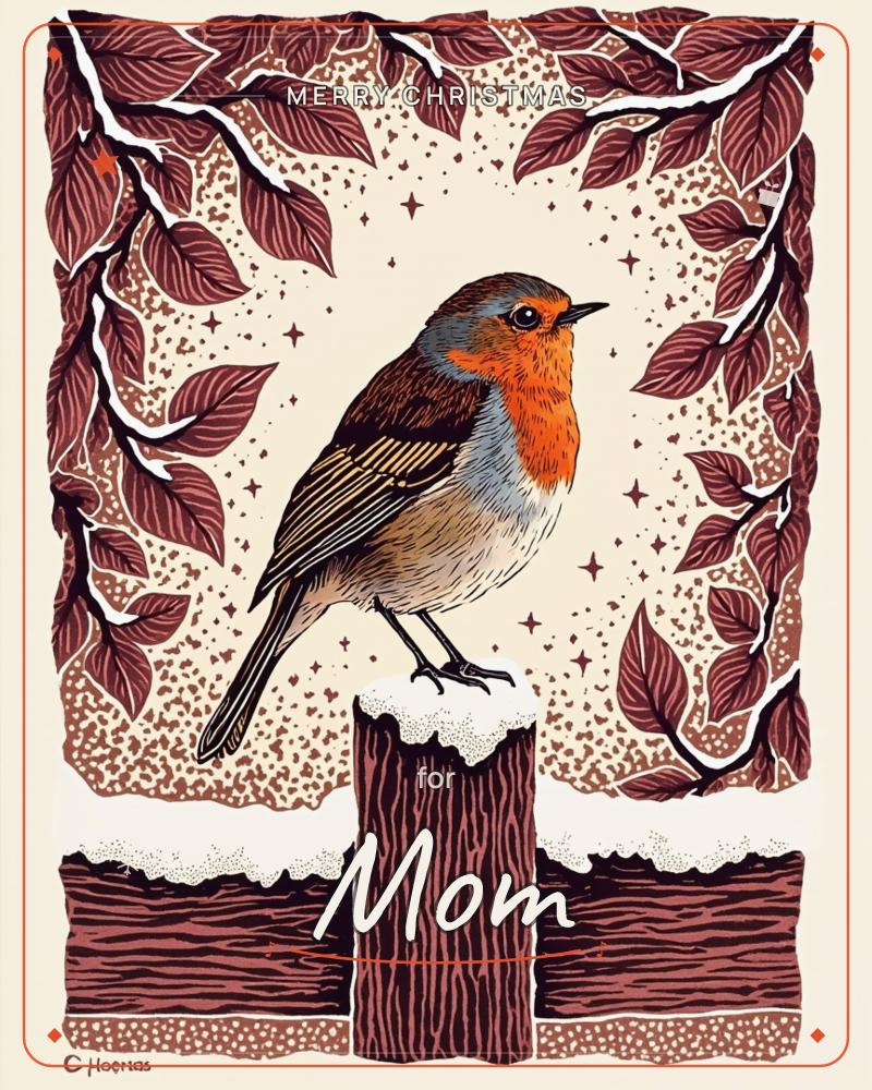 A robin with a bright orange breast perches on a snow-capped wooden post, framed by dark maroon leafy branches against a cream, star-flecked background, a christmas e-card design