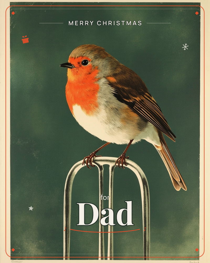 A robin with a bright orange breast perches on the curved top of a metal garden fork handle, set against a deep, mottled green background, a christmas e-card design