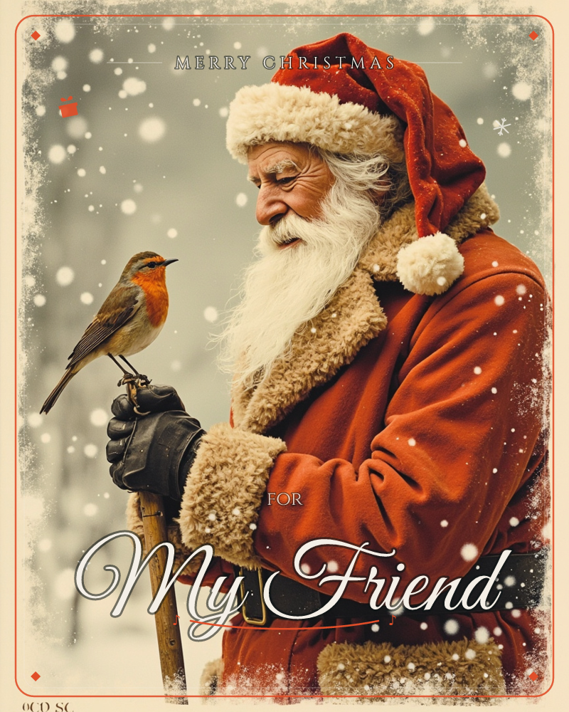 Santa Claus stands in falling snow, gazing down at a small robin perched on his walking stick, his fur-trimmed red coat and long white beard dusted…, a christmas e-card design