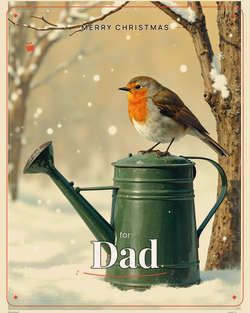 A robin with a bright orange breast perches on the spout of an old green watering can, snow drifting softly through a bare winter garden behind it, a christmas e-card design