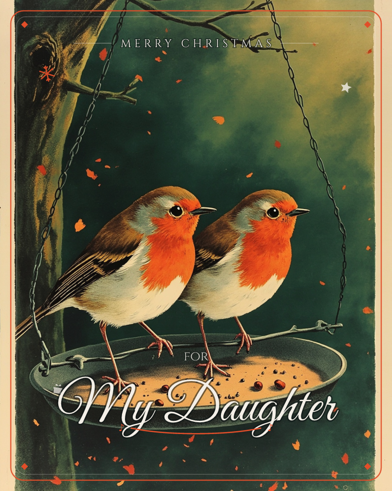 Two robins with bright orange breasts perch side by side on the edge of a hanging bird feeder suspended by chains from a bare branch, a christmas e-card design