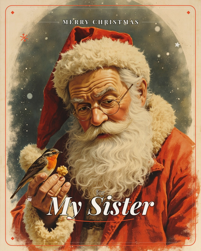 A close portrait of Santa in his fur-trimmed red coat, round glasses perched low, gazing tenderly at a small robin perched on his fingers as he offers…, a christmas e-card design