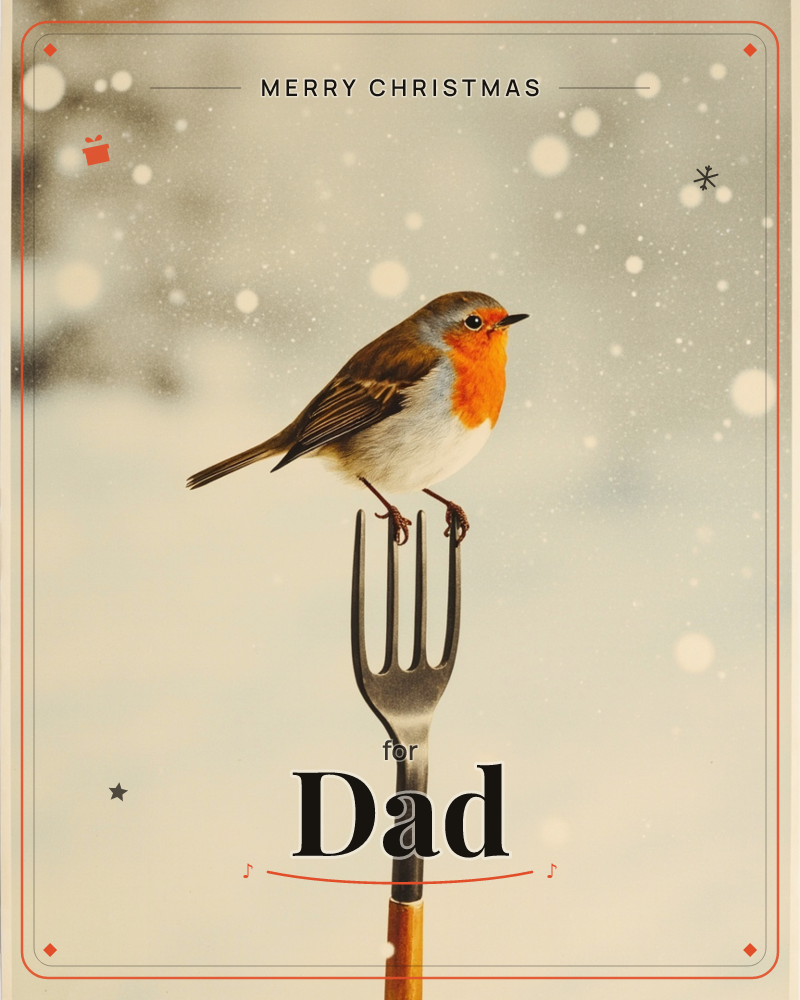 A robin with a bright orange breast perches on the tines of an upright garden fork, its head turned in profile against a soft, snow-flecked backdrop, a christmas e-card design