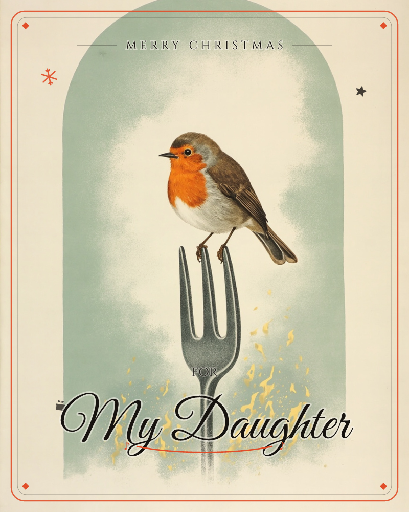 A robin with a bright orange breast perches on the raised tines of a large silver fork, set inside a pale sage-green arched alcove, a christmas e-card design