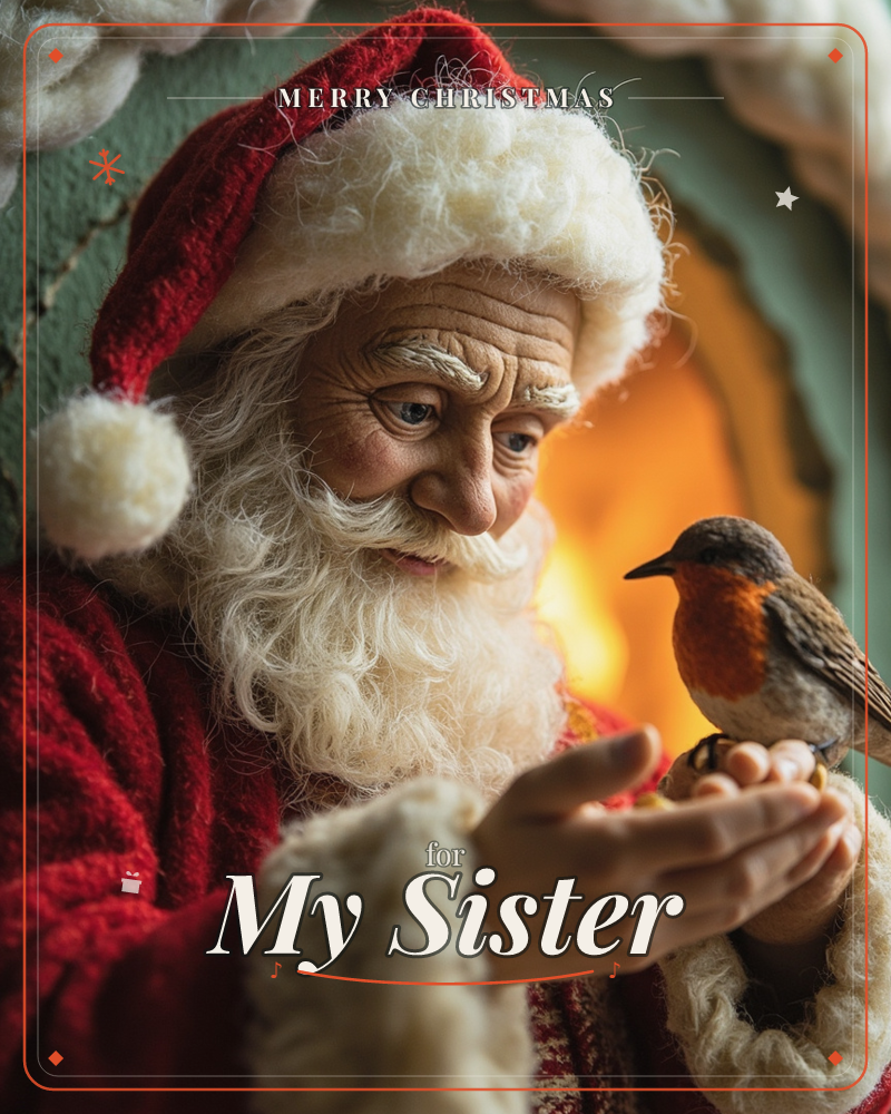 A close-up figurine-style portrait of Santa in his red hat and fur-trimmed coat, gazing tenderly at a small robin perched on his outstretched fingers, a christmas e-card design