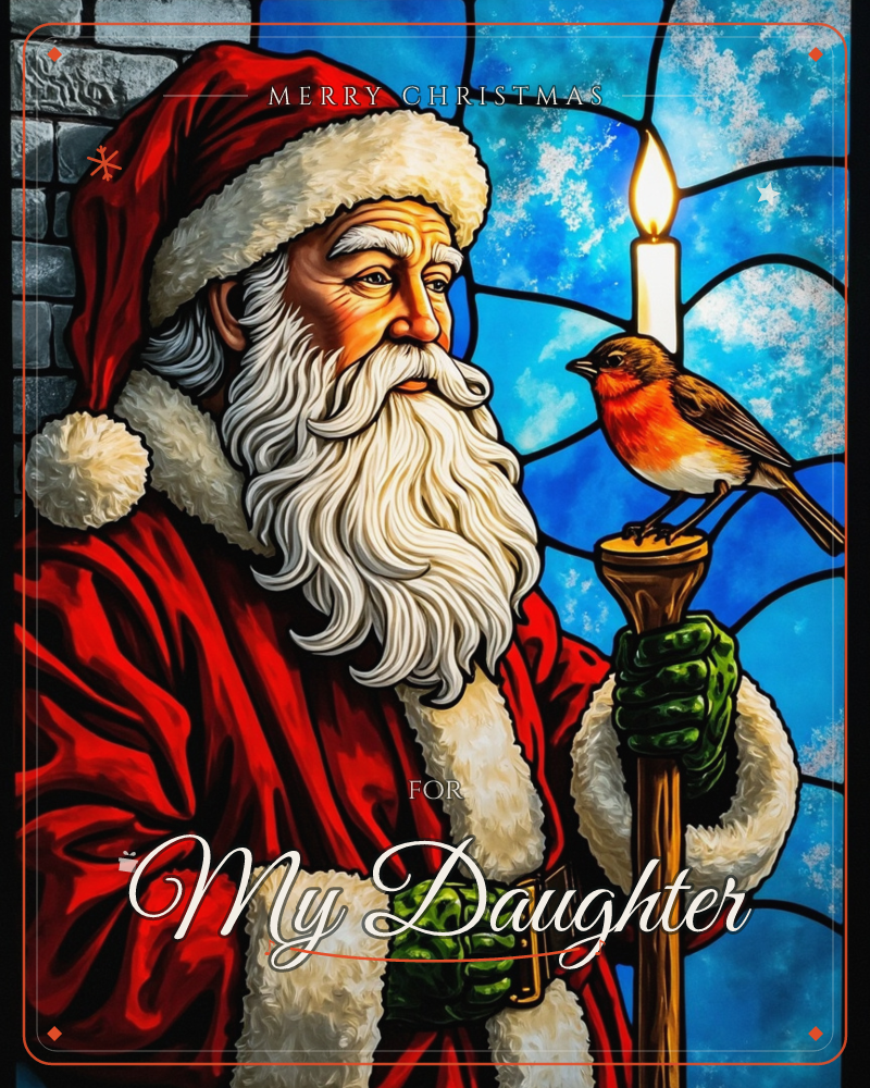 A stained-glass style window shows Santa in his red coat and fur-trimmed hat, gazing gently at a robin perched on his lit candle-staff, a christmas e-card design