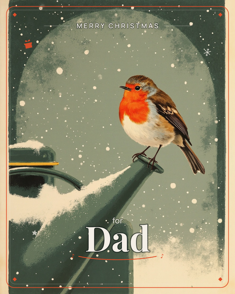 A robin with a bright orange breast perches on the snow-dusted spout of an old watering can, set against a muted green arched background flecked with…, a christmas e-card design