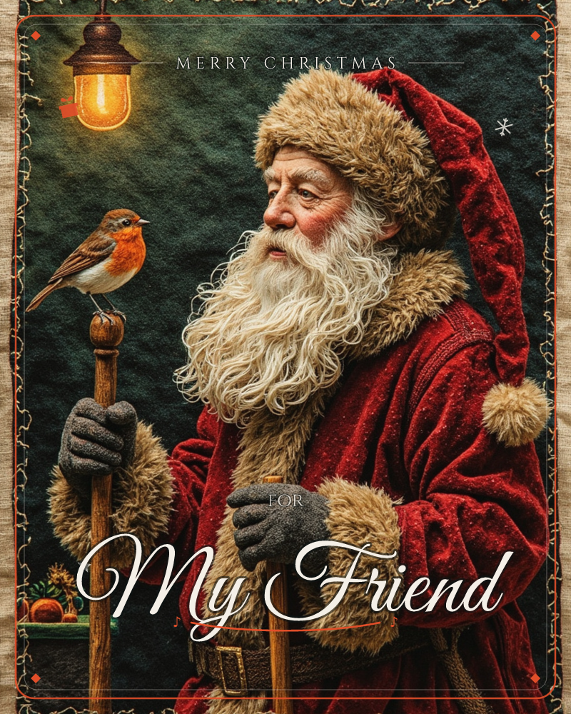 A textile-style portrait of Santa in a deep red fur-trimmed coat and cap, standing beneath a glowing lantern against a dark green background, a christmas e-card design