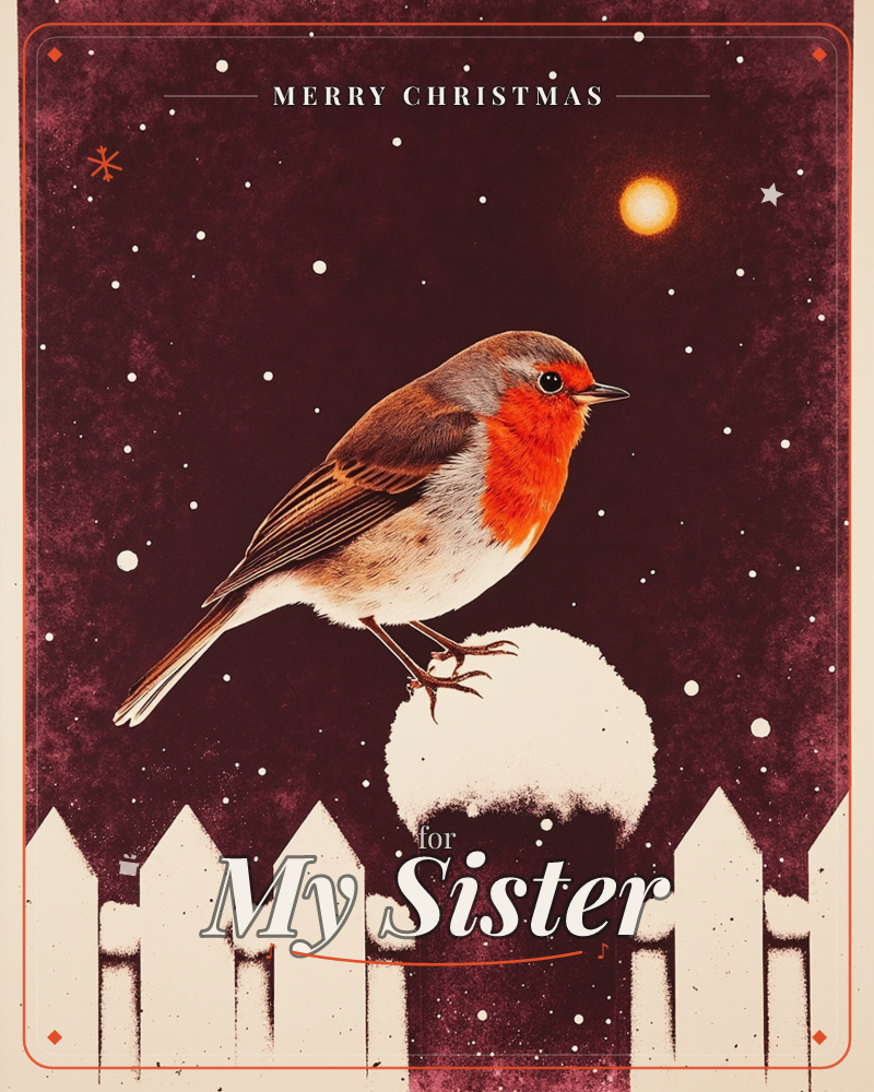 A robin with a bright orange-red breast perches on a snow-capped fence post, set against a deep maroon night sky scattered with falling snow and a…, a christmas e-card design
