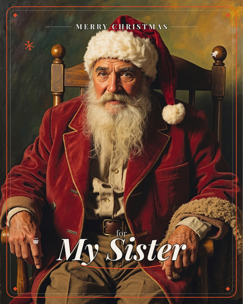 A weathered man in a red velvet Santa coat and fur-trimmed cap sits upright in a carved wooden chair, his long white beard and steady gaze lit warmly…, a christmas e-card design