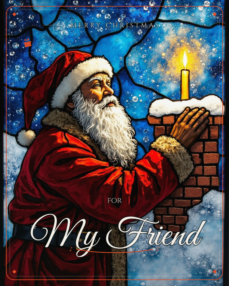 A stained-glass style illustration shows Santa in his red fur-trimmed coat, resting his hands on a snow-capped brick chimney topped with a single…, a christmas e-card design