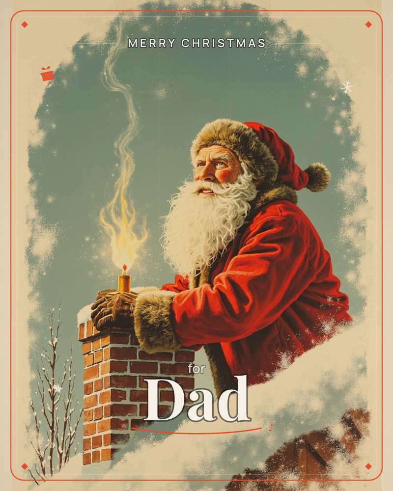 A vintage-style illustration shows Santa Claus leaning atop a snow-capped brick chimney, gazing up as smoky candlelight curls into a dusky teal sky, a christmas e-card design