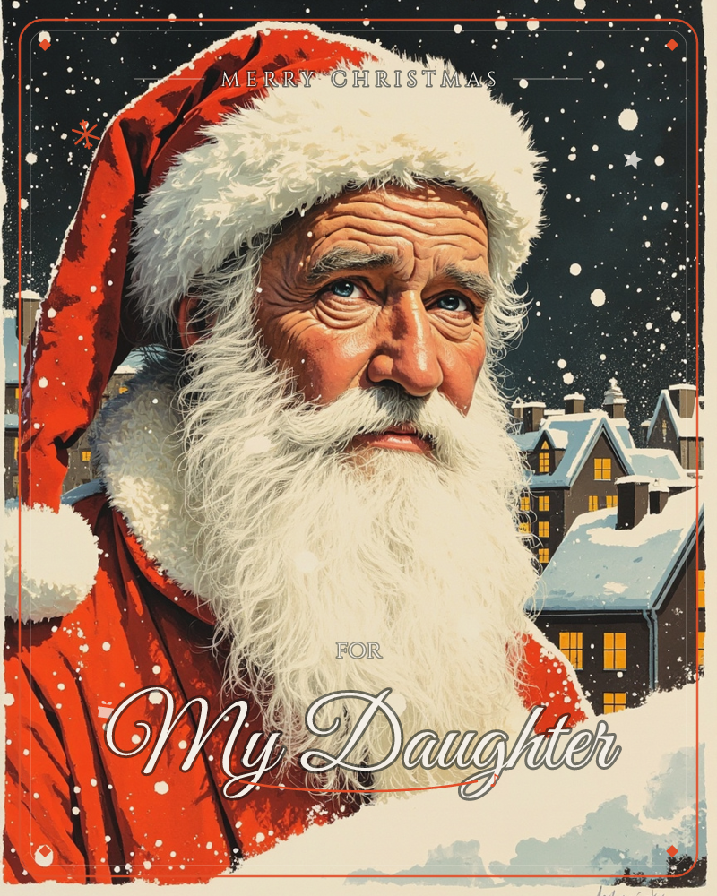 A close-up illustration of Santa Claus in his red coat and fur-trimmed hood, his weathered face and long white beard catching the light against a dark…, a christmas e-card design