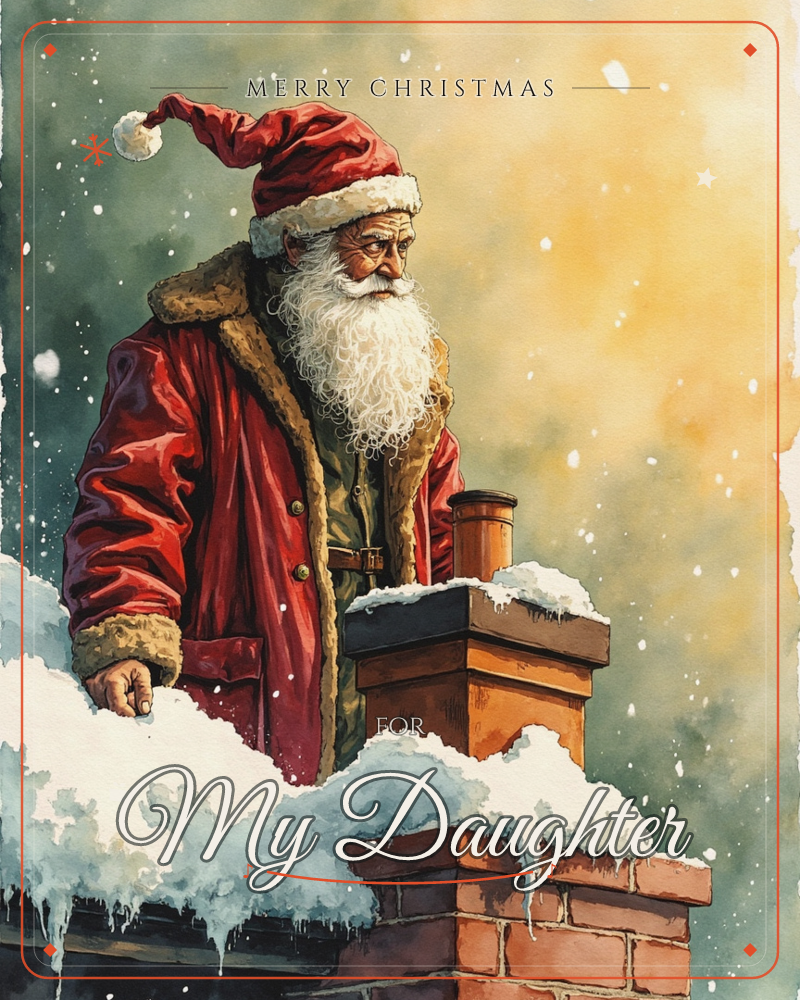 Santa stands on a snow-capped rooftop beside a brick chimney, his fur-trimmed red coat and long white beard dusted with falling snow, a christmas e-card design