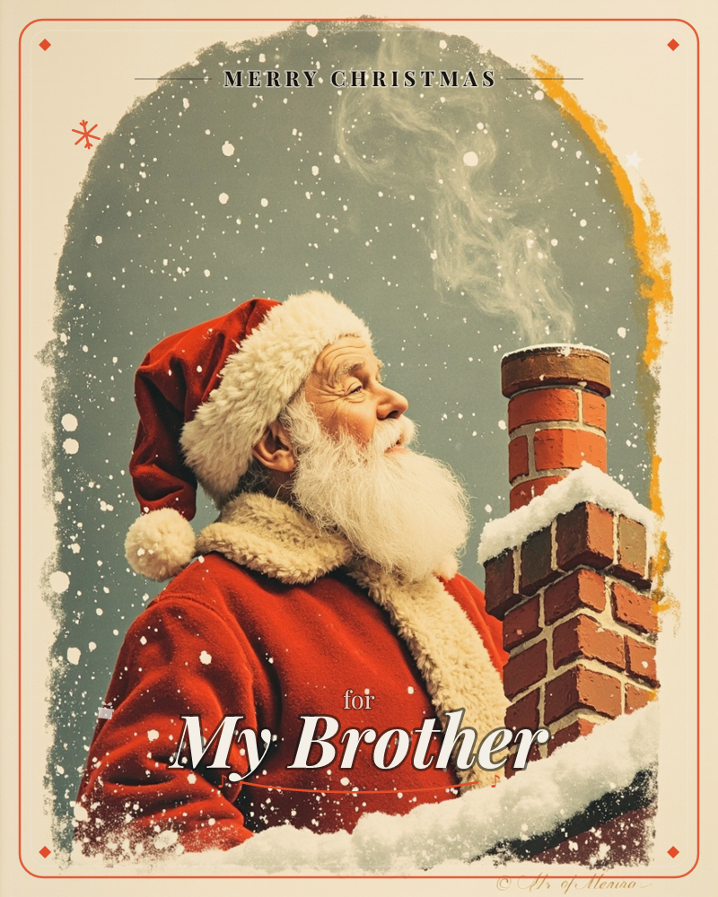 Santa Claus kneels on a snowy rooftop beside a red brick chimney, gazing up at the curl of smoke drifting into a falling-snow sky, a christmas e-card design