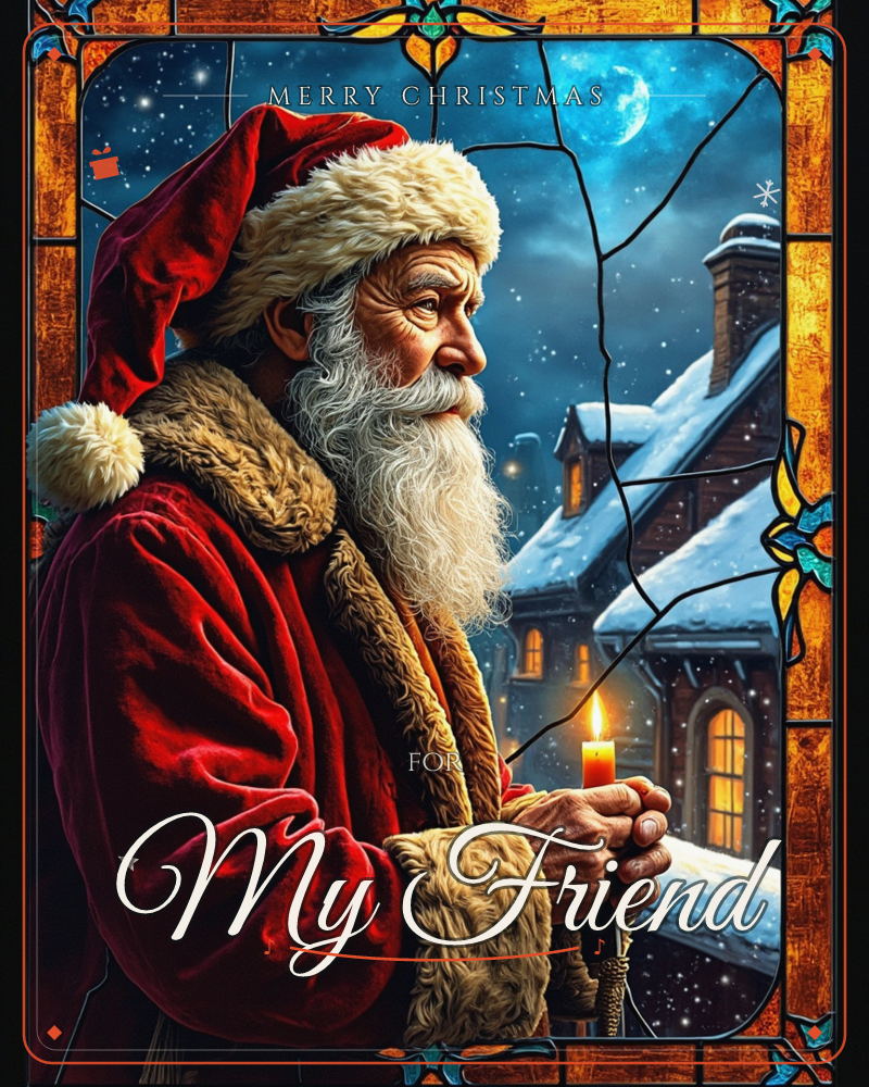 Santa Claus stands in profile holding a lit candle, gazing out over a snow-covered rooftop and chimney beneath a glowing full moon and starlit sky, a christmas e-card design