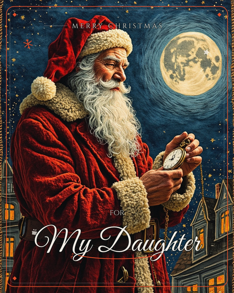 Santa stands against a swirling midnight sky, checking a gold pocket watch as a huge full moon glows behind him, a christmas e-card design