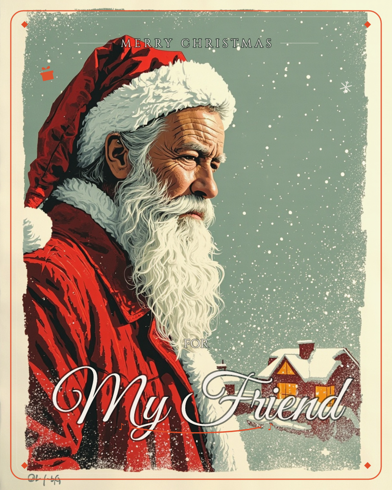 A close-up profile portrait of Santa Claus, his long white beard and red coat rendered in bold, textured strokes against a muted sage-grey sky filled…, a christmas e-card design
