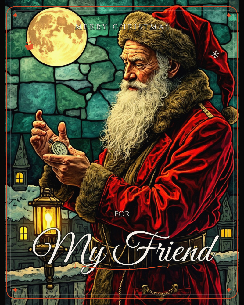 A weathered Santa in a fur-trimmed red coat stands against a cracked stone wall, checking a small pocket watch by the glow of a lantern and a full moon…, a christmas e-card design