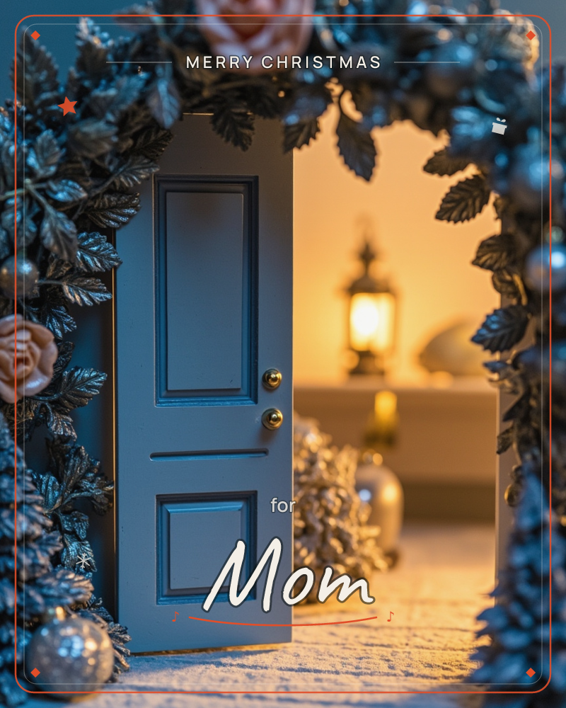 A tiny blue door stands ajar within an archway of dark foliage, silver baubles and pale roses, opening onto a warm glowing room where a lantern…, a christmas e-card design