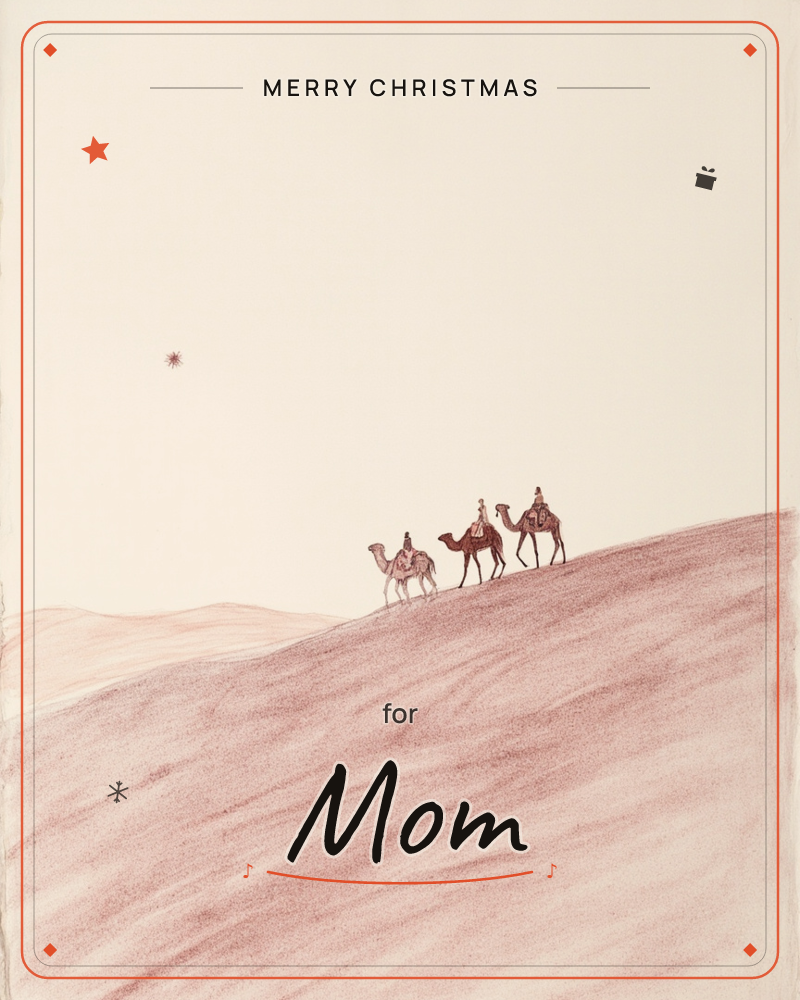 A sketched desert scene shows three riders atop camels crossing the crest of a rose-toned dune, following a single star glowing in a pale, empty sky, a christmas e-card design