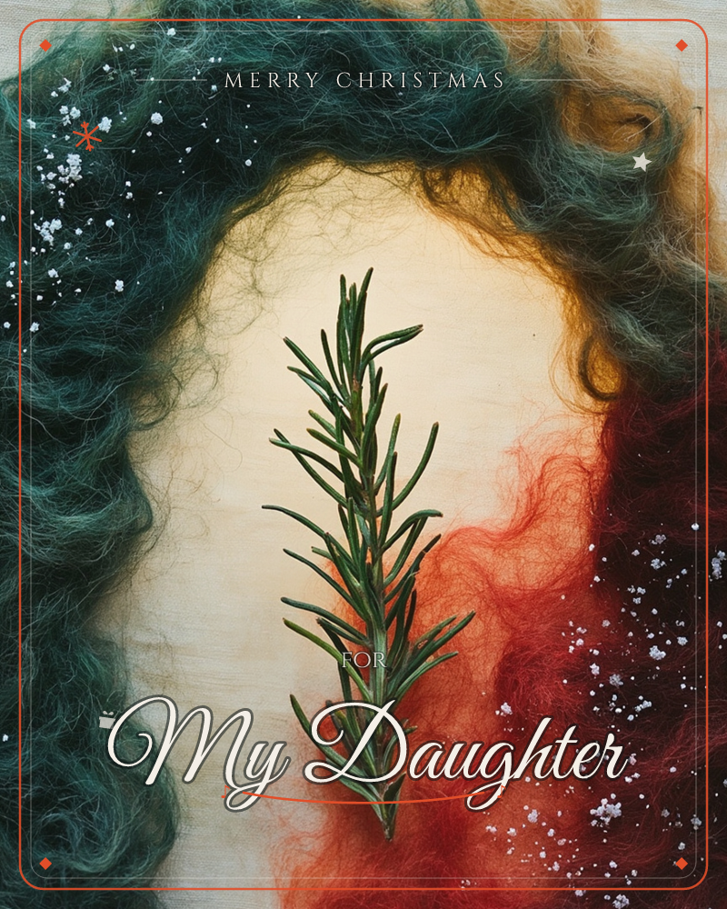 A single sprig of rosemary lies at the centre of a wooden surface, framed by wisps of dyed wool fibre in deep green and burgundy red that arc like…, a christmas e-card design