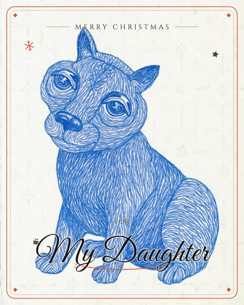 A single dog sits front and centre, rendered entirely in scratchy blue ink strokes that build up like fur texture across its whole body, a christmas e-card design