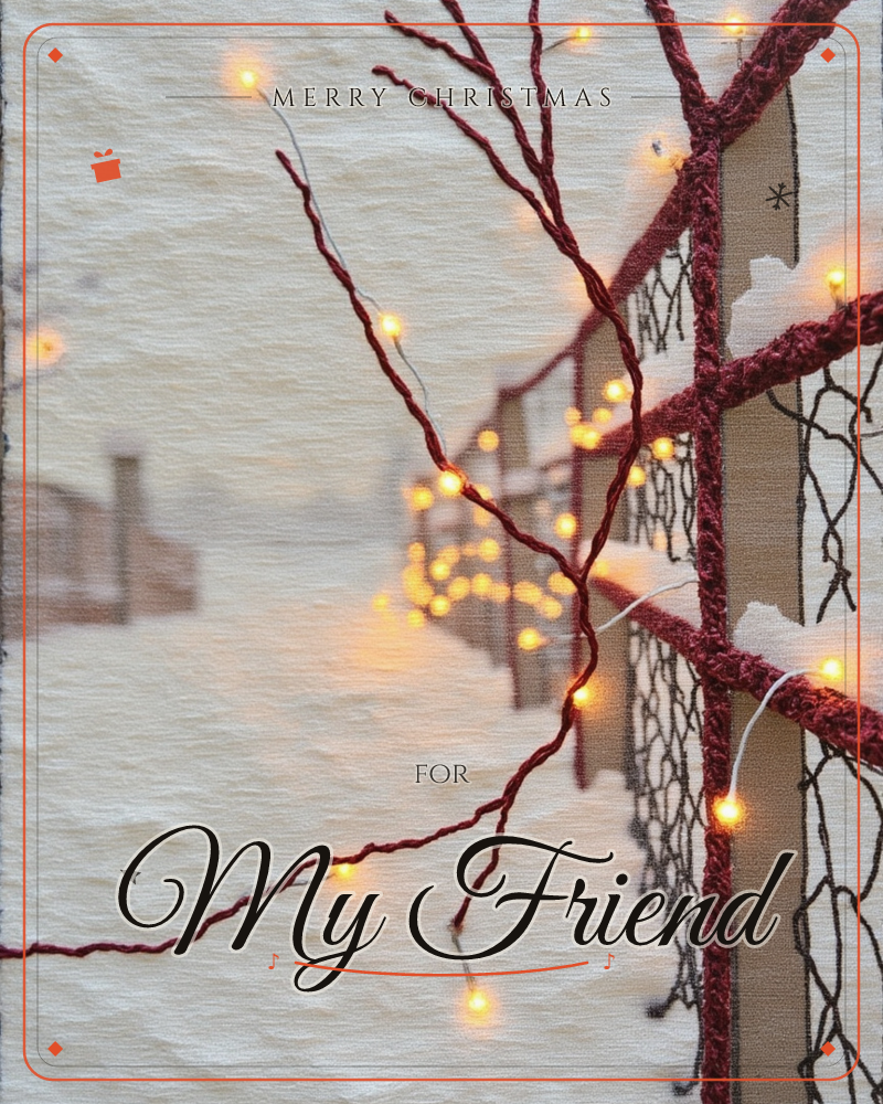 A textured mixed-media scene of a snow-dusted fence and bare, thread-like branches rendered in deep rust-red stitching, strung through with tiny…, a christmas e-card design
