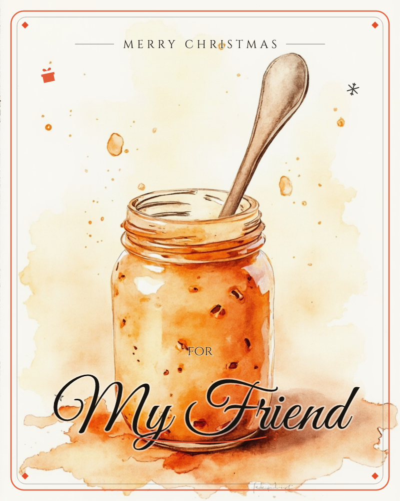 A glass mason jar filled with amber-orange marmalade sits centre stage, a wooden spoon leaning inside it, a christmas e-card design
