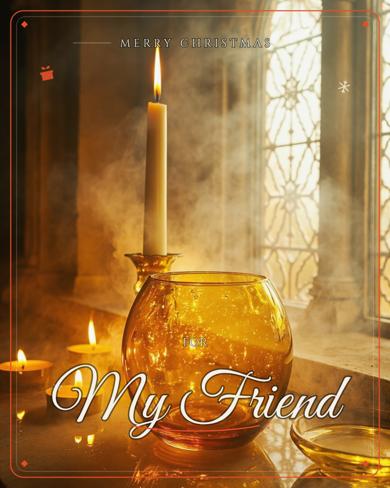 A tall ivory candle burns in a small brass holder beside a rounded amber glass vase, set on a stone windowsill with tealights flickering nearby, a christmas e-card design