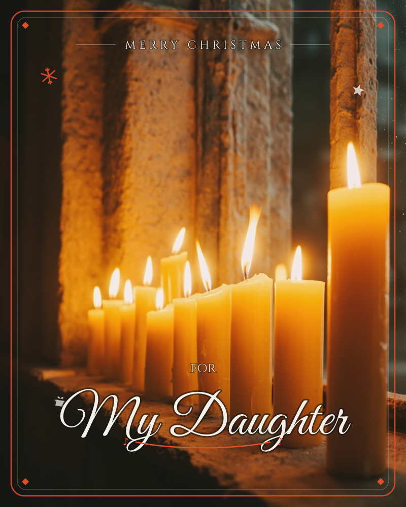 A row of cream-coloured candles burns along a weathered stone windowsill, their flames flickering against the rough, ancient-looking wall behind them, a christmas e-card design