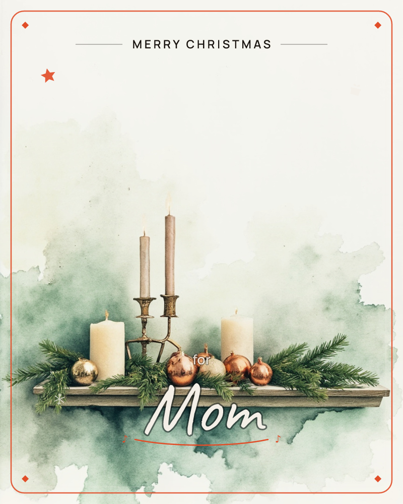 A wooden mantel shelf holds a cluster of lit candles in brass holders alongside pillar candles, copper and gold baubles, and sprigs of fir laid across…, a christmas e-card design