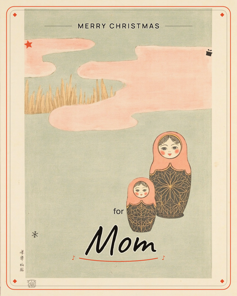 Two Russian nesting dolls, one larger and one small, stand side by side against a soft sage-green background streaked with pale pink clouds and golden…, a christmas e-card design
