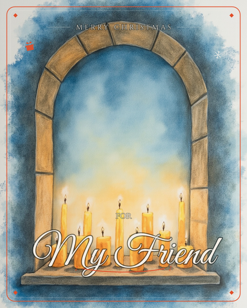 A stone archway frames a row of nine lit candles of varying heights, their flames glowing warm gold against a hazy blue backdrop, a christmas e-card design