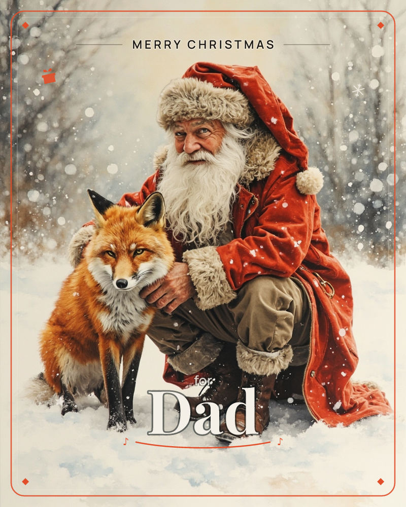 Santa kneels in fresh snow beside a red fox, resting a gloved hand gently on its back as snowflakes drift through bare winter trees behind them, a christmas e-card design