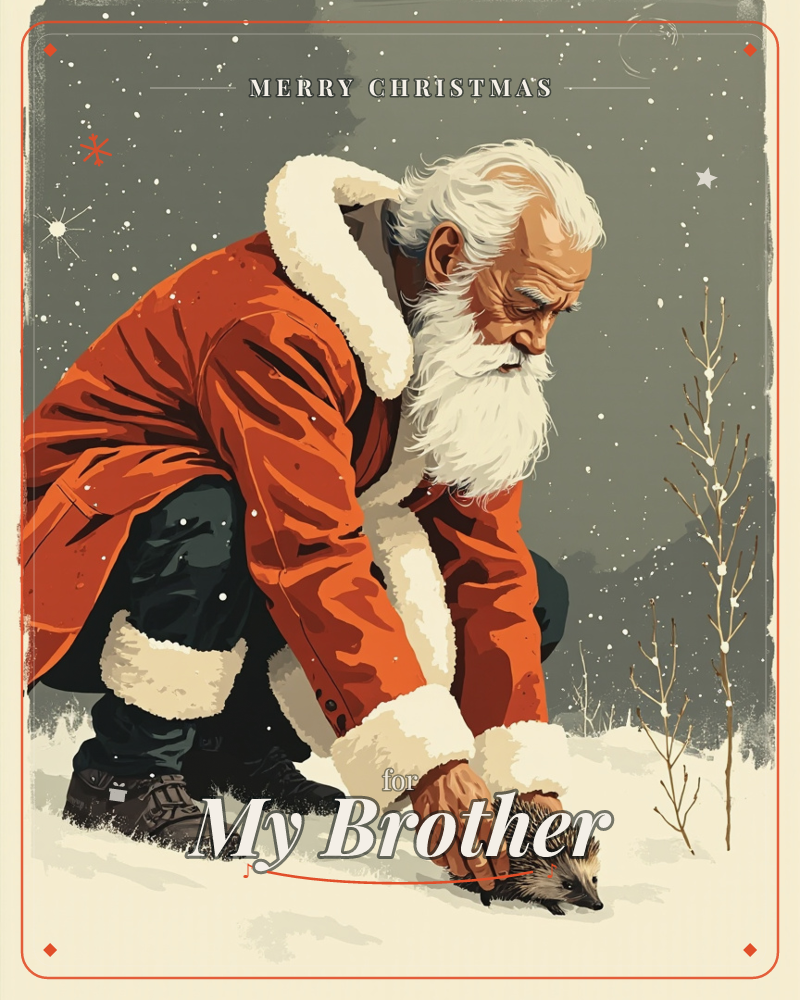 A weathered Santa in a red fur-trimmed coat crouches low in falling snow, reaching down to gently touch a small hedgehog curled at his feet, a christmas e-card design