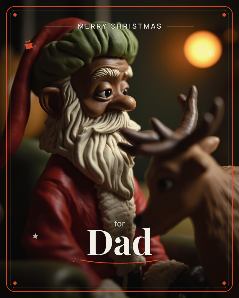 A whimsical sculpted figurine of Santa, with a long curling beard and a red cap tipped with green, leans close to a small brown reindeer figure, their…, a christmas e-card design