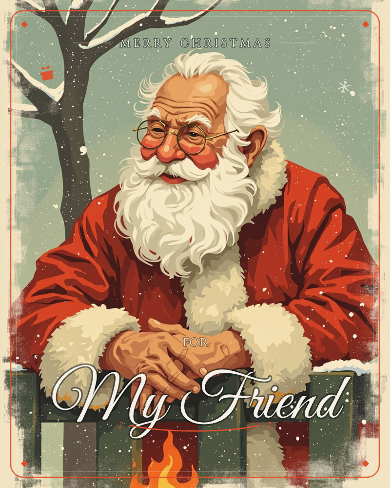 An illustrated Santa figure with round glasses and a full white beard leans over a wooden fence, hands folded, beside a bare snow-dusted tree, a christmas e-card design