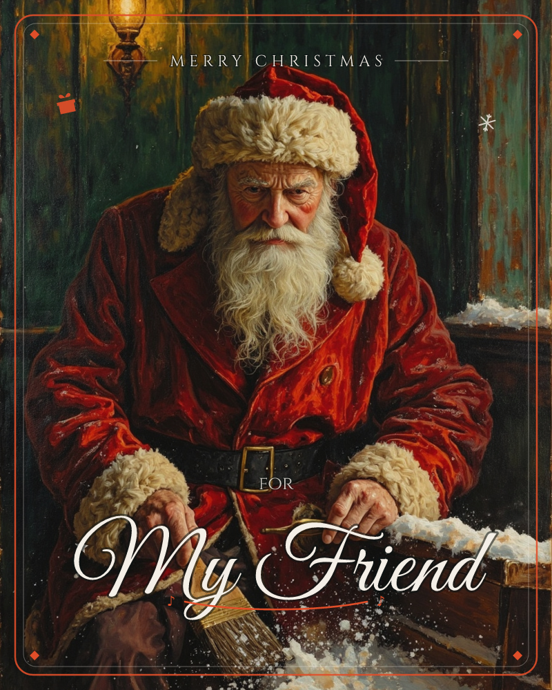 A weathered Santa in a deep-red velvet coat leans over a wooden ledge, brushing fake snow into place with a paintbrush and pinch of glitter, a christmas e-card design