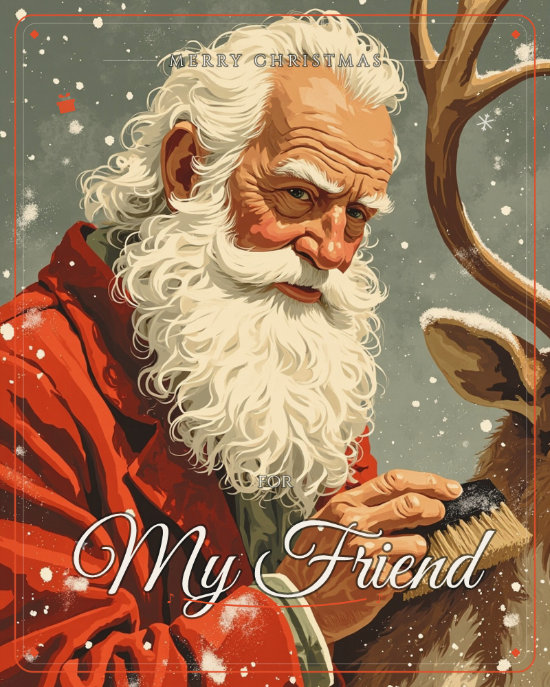 A close-up illustration shows a white-bearded man in a red coat gently brushing the fur of a reindeer beside him, snow falling softly against a muted…, a christmas e-card design