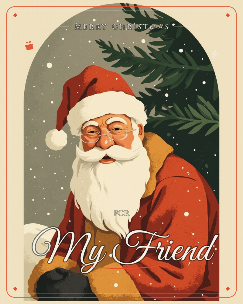 An arched illustration frames a smiling Santa Claus with round glasses and a bushy white beard, seated beside a snow-dusted evergreen bough, a christmas e-card design