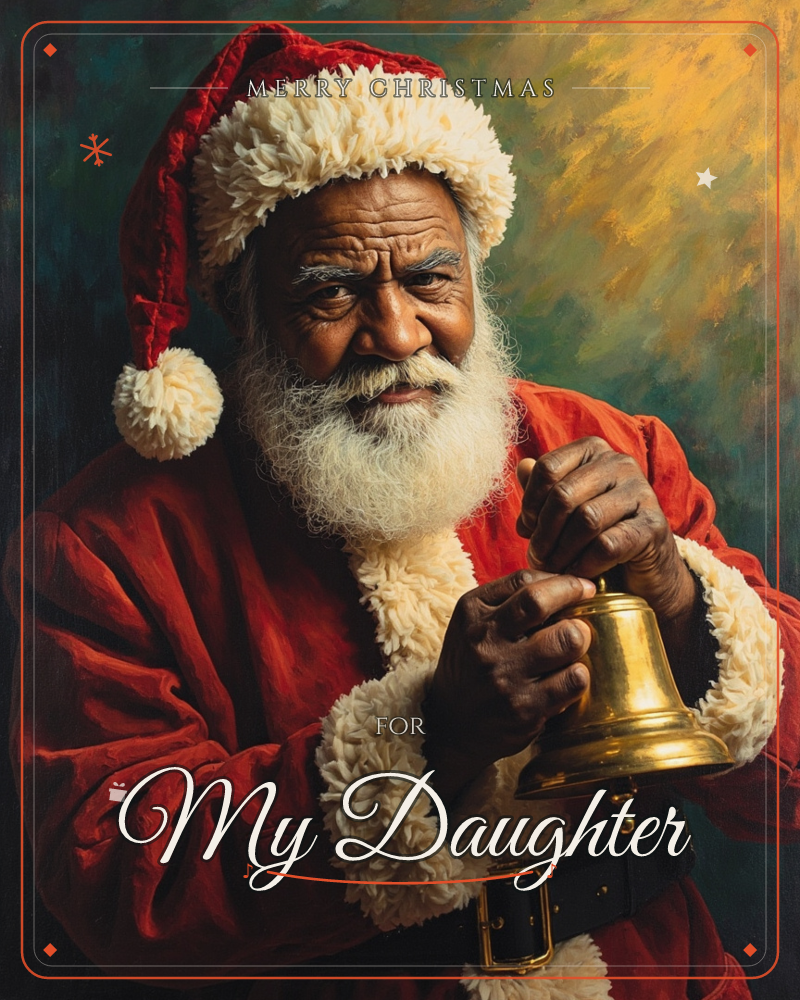 A weathered, kindly man in a red Santa suit with thick white fur trim holds a brass bell in both hands, mid-ring, against a moody green and gold…, a christmas e-card design