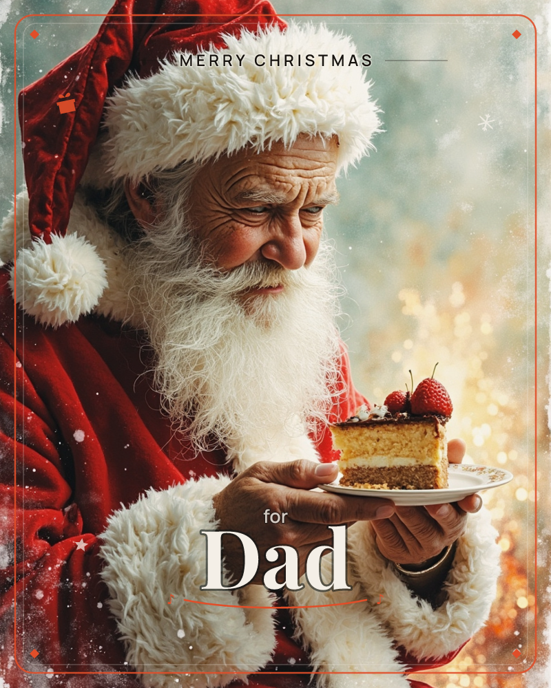 A man dressed as Santa Claus gazes down at a slice of layered cake topped with strawberries, holding the plate carefully in both hands, a christmas e-card design