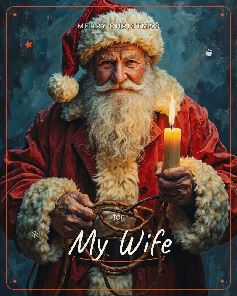 A weathered, old-world Santa stands against a dark, textured blue-grey background, his fur-trimmed red coat lit warmly against the cool tones, a christmas e-card design