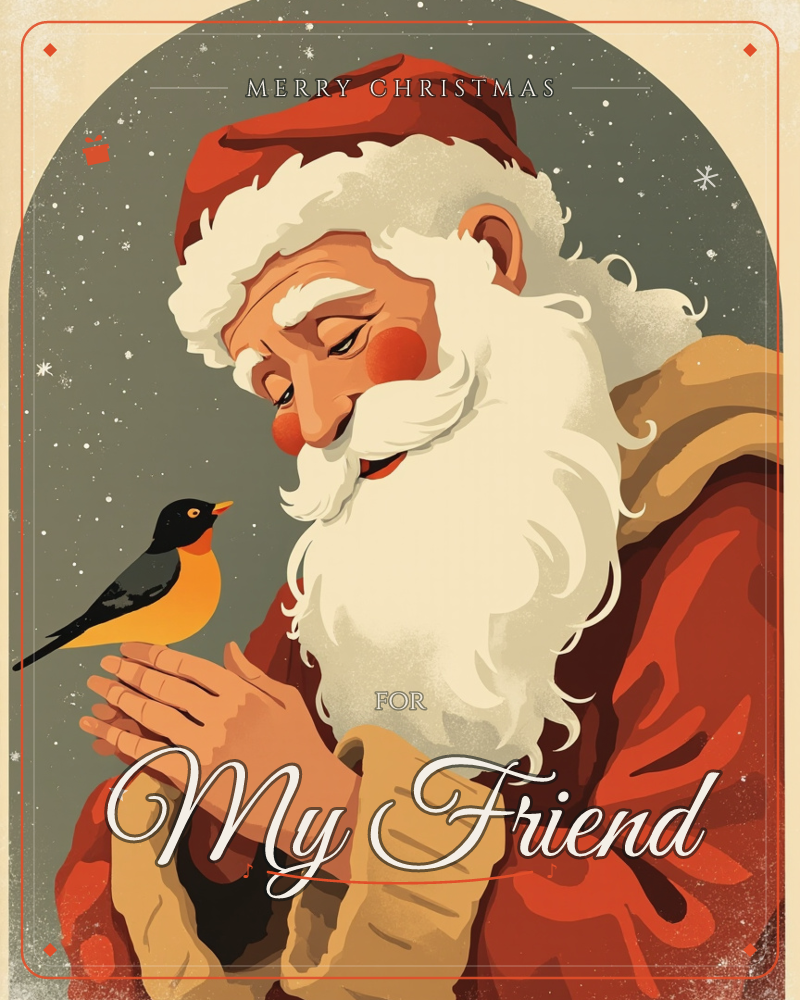 Santa Claus leans forward with a gentle smile, cupping his weathered hands as a small orange-breasted bird perches lightly on his fingers, a christmas e-card design